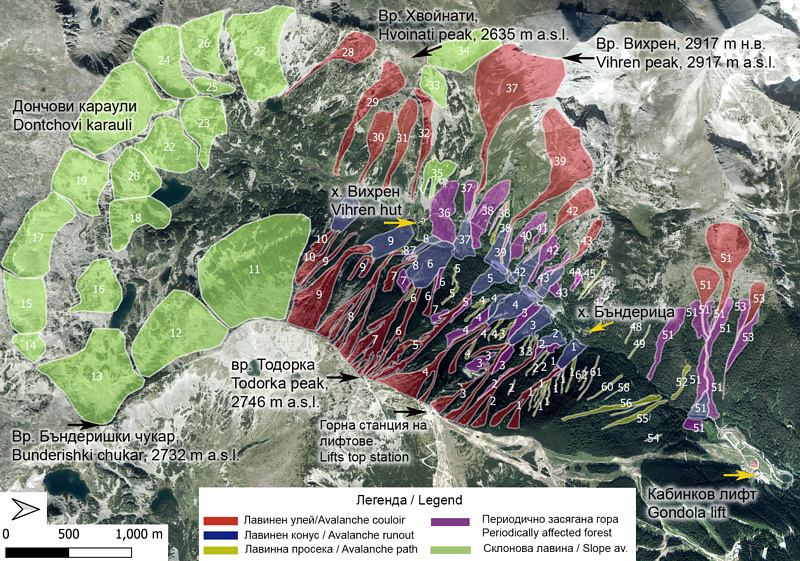 Карта на лавинните улеи и зони в Бъндеришката долина в Пирин изработена в рамките на проекта