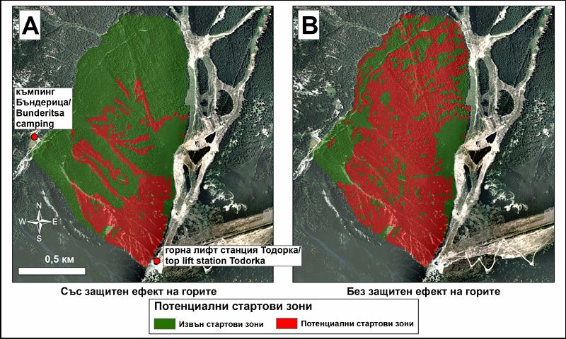 Изчисляване на потенциалните зони за потегляне на лавини при наличие на гори (ляво) и без гори (дясно) за зона от Бъндеришката долина
